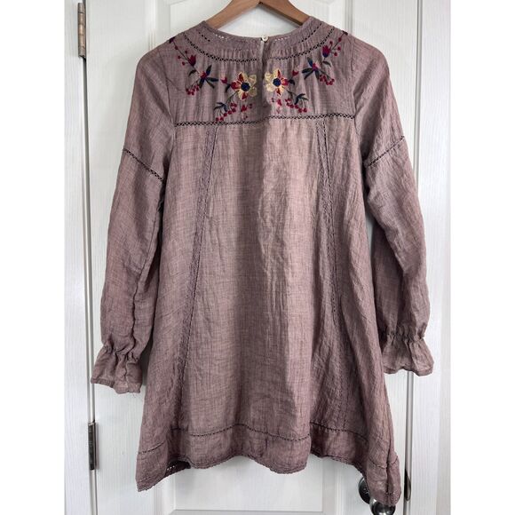 Umgee Women's Boho Floral Embroidered Long Sleeve Mini Dress Taupe Size S - Picture 3 of 12